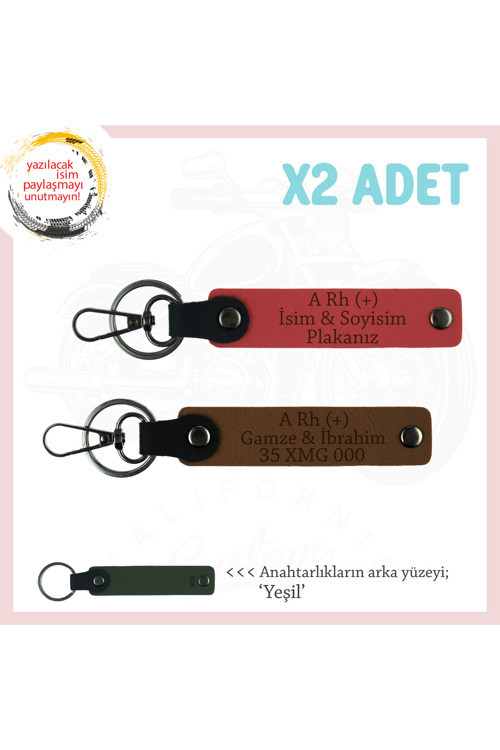 Biker Stiline Özel İsim Plaka Ve A Rh (+) Kan Grubu Yazılı X2 Anahtarlık Set, Nar Çiçeği-Kahve-Ysl