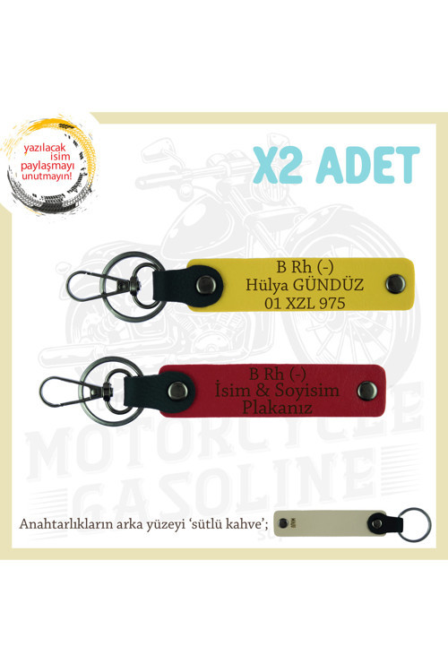 Motor Severlere Özel, İsim Plaka Ve B Rh (-) Kan Grubu Yazılı Hediye X2 Anahtarlık, Kırmızı-Sarı-Sk