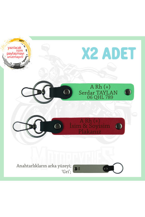 Motor Tutkunlarına, İsim Plaka Ve A Rh (+) Kan Grubu Yazılı, X2 Anahtarlık Set, Kırmızı-F Yeşil-Gr