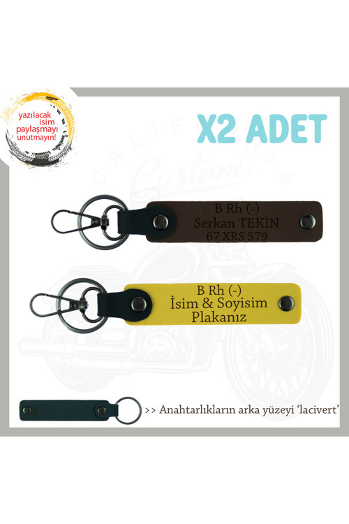 Motorcu Dostlara, İsim Plaka Ve B Rh (-) Kan Grubu Yazılı Hediyelik X2 Anahtarlık, Sarı-K Kahve-Laci
