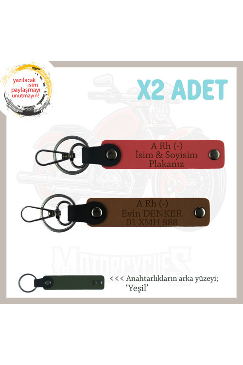 Biker Stiline Özel İsim Plaka Ve A Rh (-) Kan Grubu Yazılı X2 Anahtarlık Set, Nar Çiçeği-Kahve-Ysl