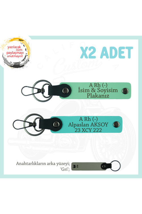 Motor Severlere Özel, İsim Plaka Ve A Rh (-) Kan Grubu Yazılı X2 Anahtarlık Takım, Yeşil-Turkuaz-Gr