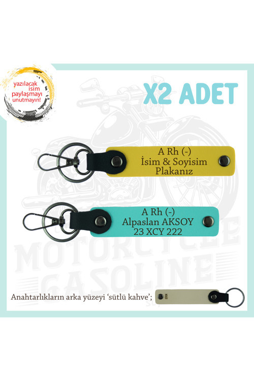Motor Severlere, İsim Plaka Ve A Rh (-) Kan Grubu Yazılı Özel Tasarım X2 Anahtarlık, Sarı-Turkuaz-Sk