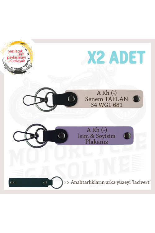 Biker Tarzına Özel, İsim Plaka Ve A Rh (-) Kan Grubu Yazılı Hediye X2 Anahtarlık Set, Mor-Pudra-Laci