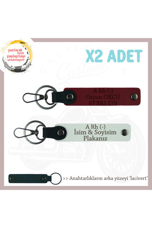 Bikerlar İsim Plaka, A Rh (-) Kan Grubu Yazılı Deri X2 Anahtarlık Hediyelik Takım, Beyaz-Bordo-Laci