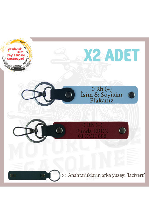 Motor Severlere Özel, İsim Plaka Ve 0 + Kan Grubu Yazılı Kişiye Özel X2 Anahtarlık, Mavi-Bordo-Laci