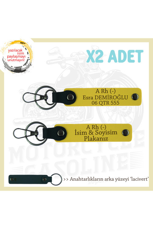 Motorcu Tarzı, İsim Plaka Ve A Rh (-) Kan Grubu Yazılı Özel Anlamlı Hediye X2 Anahtarlık, Sarı-Laci