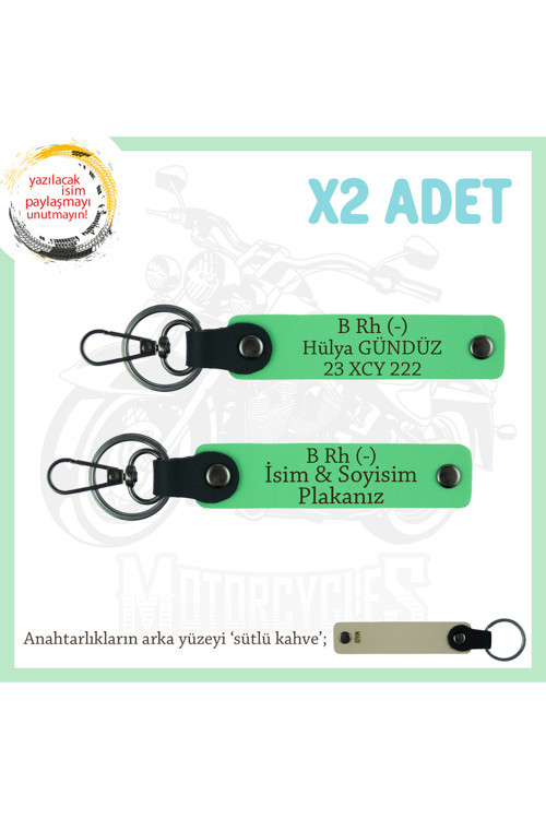 Motosiklet Tutkunlarına, İsim Plaka Ve B (-) Kan Grubu Yazılı Acil Durum X2 Anahtarlık, F Yeşil-Sk