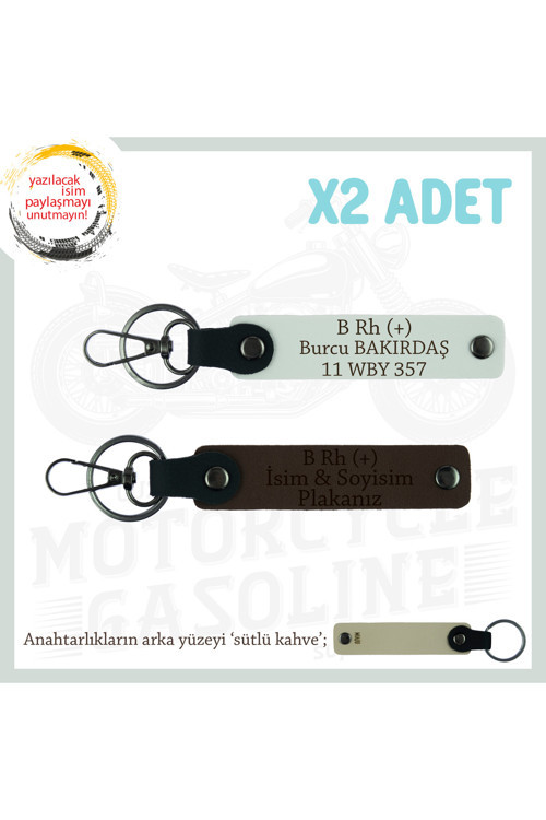 Motor Tutkunlarına, İsim Plaka Ve B Rh + Kan Grubu Yazılı Kişisel 2'Li Anahtarlık, K Kahve-Beyaz-Sk