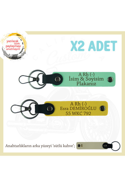 Motosiklet Severlere Özel, İsim Plaka Ve A Rh (-) Kan Grubu Yazılı X2 Anahtarlıkları, Yeşil-Sarı-Sk