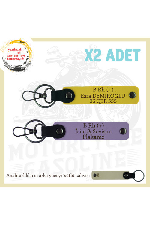 Hız Tutkunlarına Özel, İsim Plaka Ve B Rh (+) Kan Grubu Yazılı Deri X2' Li Anahtarlık, Mor-Sarı-Sk