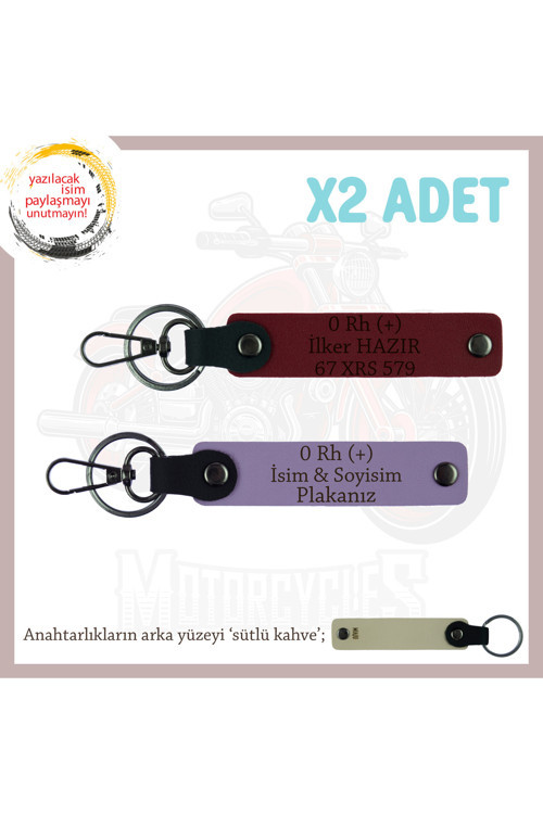 Bikerlar İçin Özel, İsim Plaka Ve 0 Rh (+) Kan Grubu Yazılı Hediye X2 Anahtarlık Set, Mor-F Yeşil-Sk