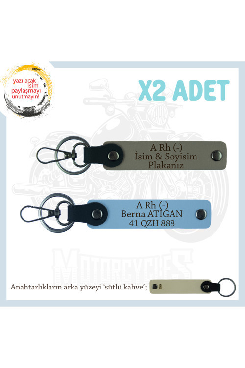 Motosiklet Aşıkları İçin, İsim Plaka Ve A Rh (-) Kan Grubu Yazılı X2 Anahtarlık Set, Kül Gri-Mavi-Sk