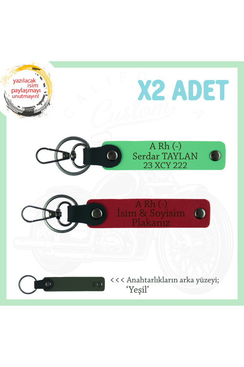 Motor Tutkunlarına, İsim Plaka Ve A Rh (-) Kan Grubu Yazılı X2 Anahtarlık Set, Kırmızı-F Yeşil-Ysl