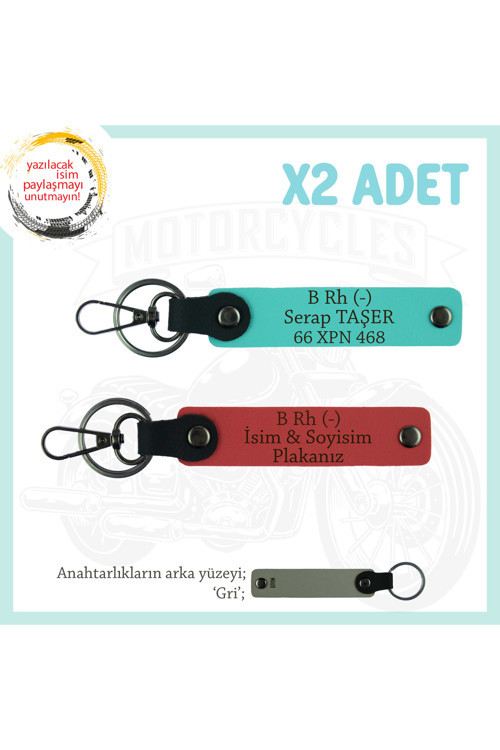 Retro Motorculara Özel, İsim Plaka Ve B Rh (-) Yazılı Hediyelik X2 Anahtarlık, Nar Çiçeği-Turkuaz-Gr