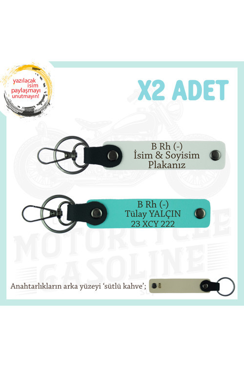 Motor Severlere, İsim Plaka Ve B Rh (-) Yazılı Özel Tasarım X2 Anahtarlık, Hediye , Beyaz-Turkuaz-Sk