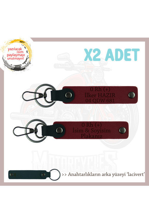 Hız Aşıklarına İsim Plaka Ve 0 Rh (+) Kan Grubu Yazılı Özel Hediye X2' Li Set Anahtarlık, Bordo-Laci