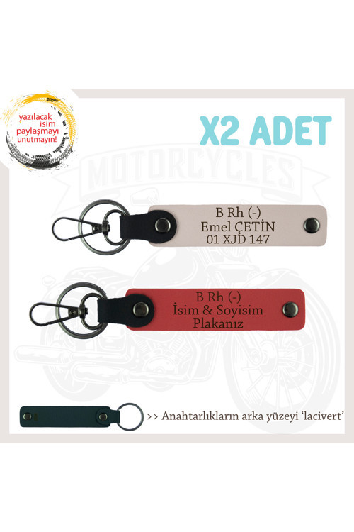 Motor Tutkunlarına, İsim Plaka Ve B Rh (-) Kan Grubu Yazılı 2'Li Anahtarlık, Nar Çiçeği-Pudra-Laci