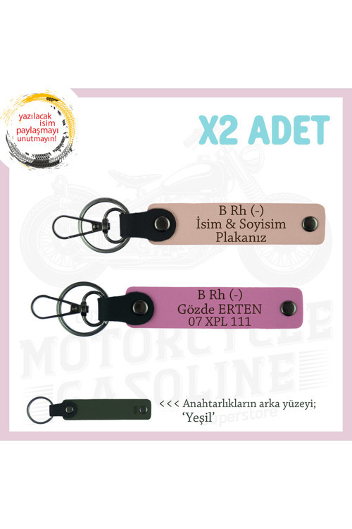 Modifiye İçin Özel İsim Plaka Ve B Rh (-) Kan Grubu Yazılı Hediye X2 Anahtarlık, Yavruağzı-Pembe-Ysl
