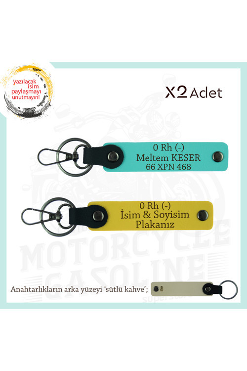 Motor Severlere, İsim Plaka Ve 0 Rh (-) Kan Grubu Yazılı Özel Tasarım X2 Anahtarlık, Sarı-Turkuaz-Sk