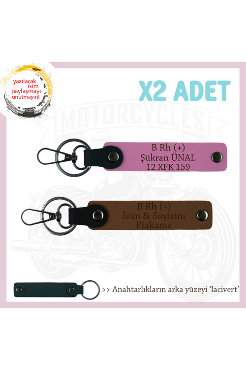 Motosiklet Aşıkları İçin İsim Plaka, B (+) Kan Grubu Yazılı Kişisel X2 Anahtarlık, Kahve-Pembe-Laci