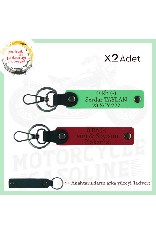 Motor Tutkunlarına, İsim Plaka Ve 0 Rh (-) Kan Grubu Yazılı X2 Anahtarlık Set, Kırmızı-F Yeşil-Laci