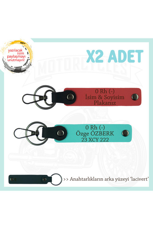 Motorcuya, İsim Plaka Ve 0 Rh (-) Kan Grubu Yazılı Hediyelik X2 Anahtarlık, Nar Çiçeği-Turkuaz-Laci