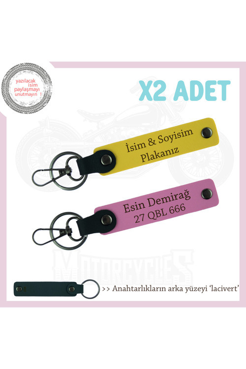 Sade Ve Etkili Tasarım, Plaka & İsim Yazılı 2’Li Kişisel Deri Anahtarlık Takım, Sarı-Pembe-Laci