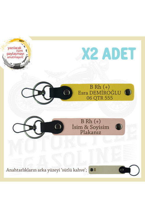 Kişiselleştirilebilir, İsim Plaka Ve B Rh (+) Kan Grubu Yazılı X2 Anahtarlık Set, Yavruağzı-Sarı-Sk