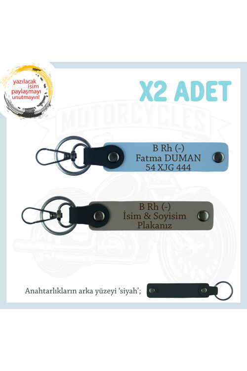 Motosiklet Aşıkları İçin İsim Plaka Ve B Rh (-) Kan Grubu Yazılı X2 Anahtarlık Set, Kül Gri-Mavi-Syh