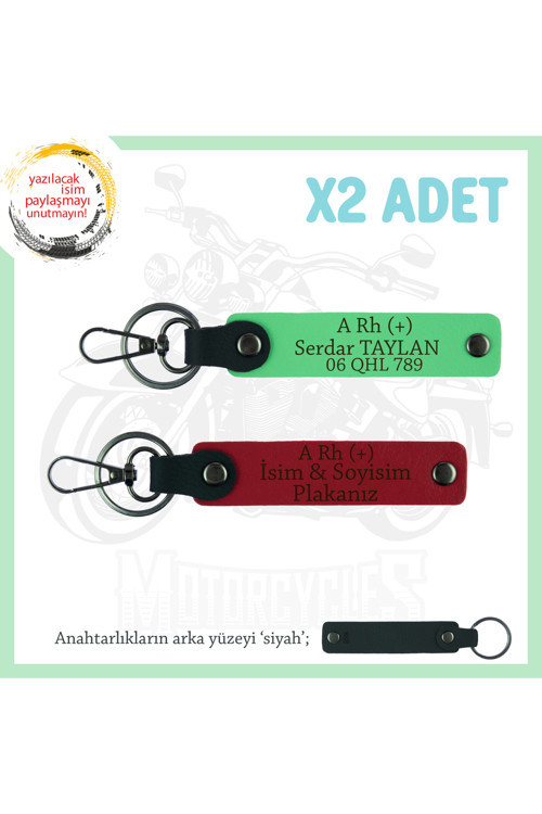 Motor Tutkunlarına, İsim Plaka Ve A Rh (+) Kan Grubu Yazılı X2 Anahtarlık Set, Kırmızı-F Yeşil-Syh