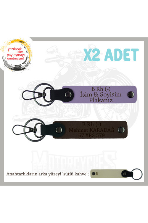 Motorcu Dostlara Hediye İsim Plaka Ve B Rh (-) Kan Grubu Yazılı X2' Li Anahtarlık, Mor-K Kahve-Sk