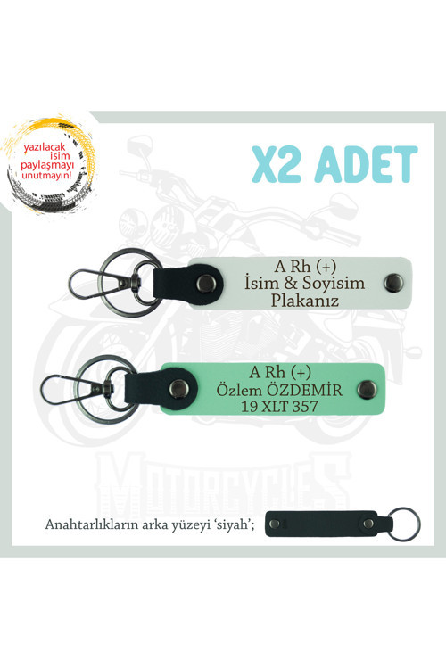 Hız Tutkunlarına Özel İsim Plaka, A Rh (+) Kan Grubu Yazılı Deri X2 Anahtarlık Set, Yeşil-Beyaz-Syh