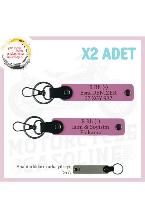 Motorcuya İsim Plaka Ve B Rh (-) Kan Grubu Yazılı Kişiselleştirilmiş Deri X2 Anahtarlık, Pembe-Gr