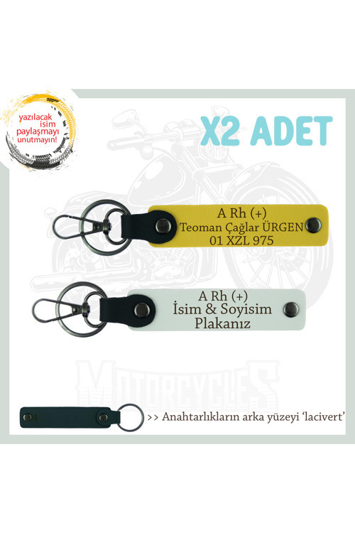 Sürücülere Özel, İsim Plaka Ve A Rh (+) Kan Grubu Yazılı Hediye X2 Set Anahtarlık , Sarı-Beyaz-Laci