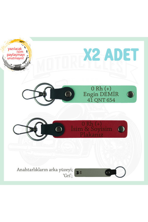 Motorcu Yolculara, İsim Plaka Ve 0 Rh (+) Yazılı Güvenli Sürüş 2'Li Anahtarlık Set, Kırmızı-Yeşil-Gr