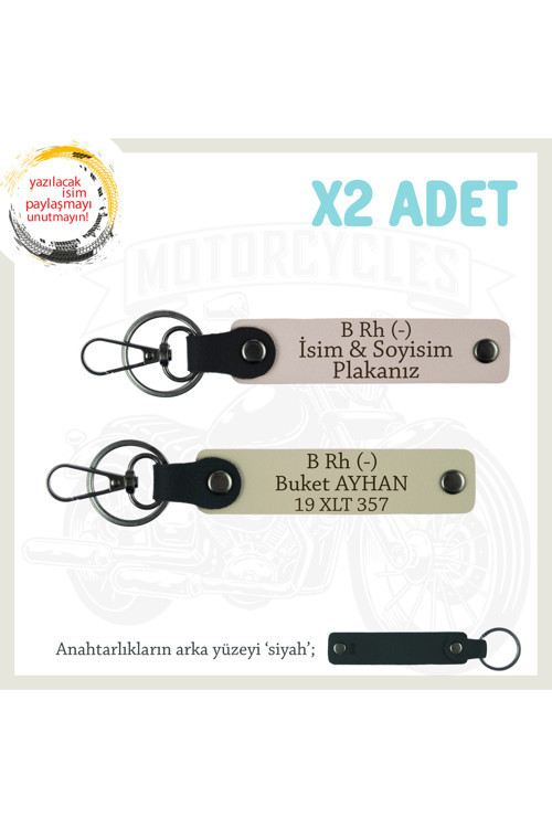 Hız Aşıkları İçin Özel İsim Plaka Ve B Rh (-) Kan Grubu Yazılı Deri X2 Anahtarlık, Pudra-S Kahve-Syh