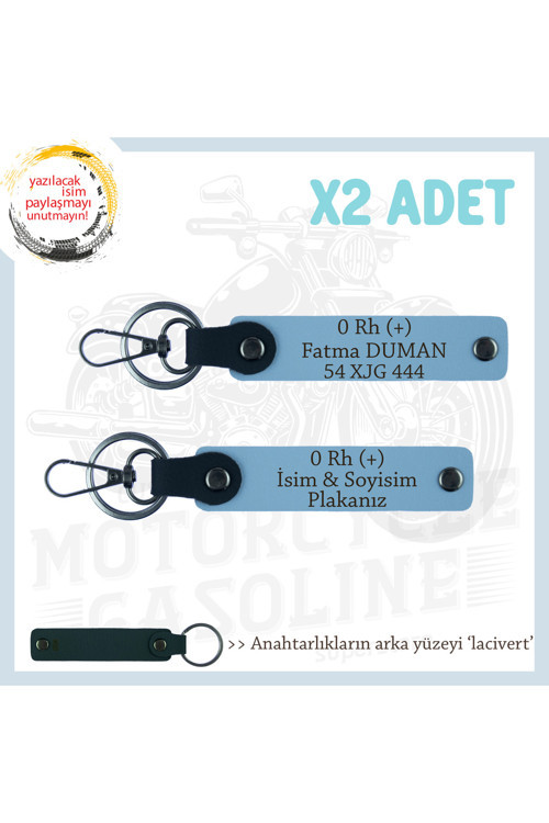 Yol Arkadaşlarına, İsim Plaka Ve 0 Rh + Kan Grubu Yazılı Acil Durum X2 Anahtarlık Takımı, Mavi-Laci
