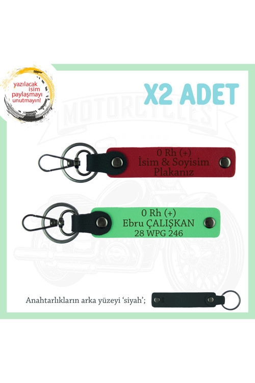 Motor Tutkunlarına, İsim Plaka Ve 0 Rh (+) Kan Grubu Yazılı X2 Anahtarlık Set, Kırmızı-F Yeşil-Syh