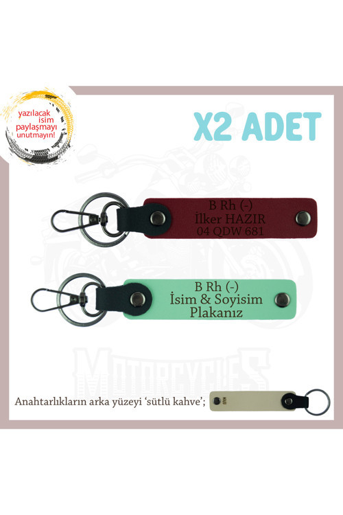 Motorcu Dostlara Özel, İsim Plaka Ve B Rh (-) Kan Grubu Yazılı X2 Anahtarlık Set, Yeşil-Bordo-Sk