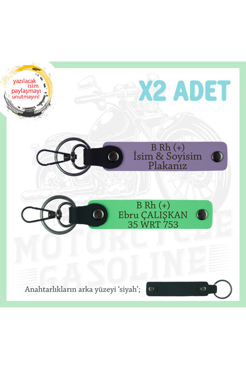 Bikerlar İçin Özel, İsim Plaka Ve B Rh (+) Kan Grubu Yazılı Hediye 2'Li Anahtarlık, Mor-F Yeşil-Syh
