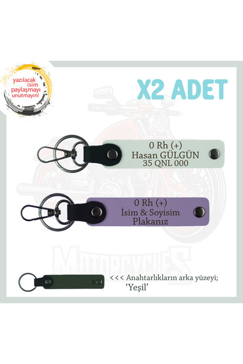 Otomobil Sahipleri İçin İsim Plaka Ve 0 Rh (+) Kan Grubu Yazılı 2' Li Anahtarlık Set, Mor-Bordo-Ysl