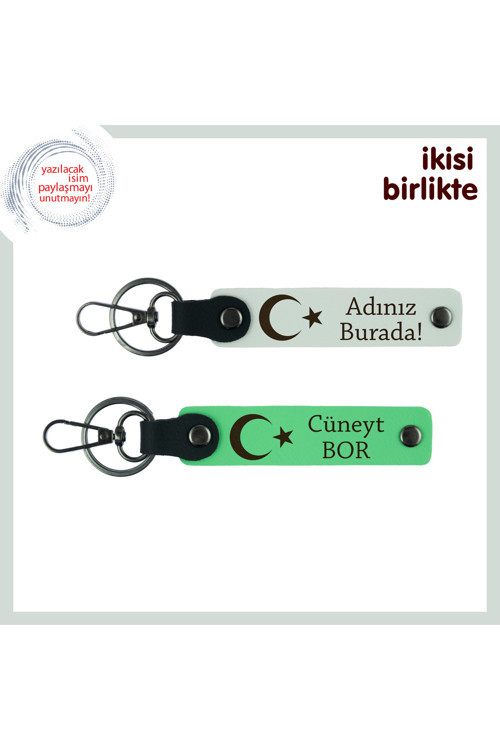 Kişiye Özel Tasarımıyla Öne Çıkan Ay Yıldız Temalı 2’Li İsim Yazılı Anahtarlık Seti, Beyaz-Yeşil