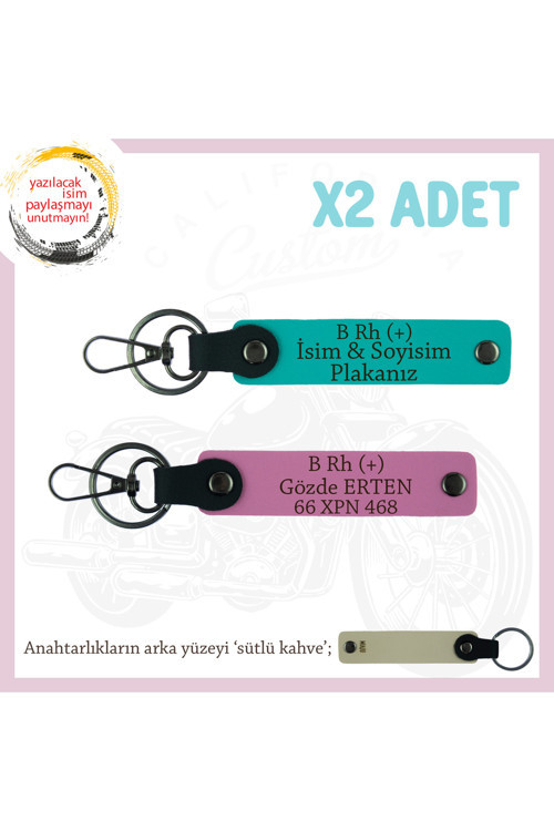 Motorcu Dostlara İsim Plaka Ve B Rh (+) Kan Grubu Yazılı Motorcu Anahtarlık X2, K Turkuaz-Pembe-Sk