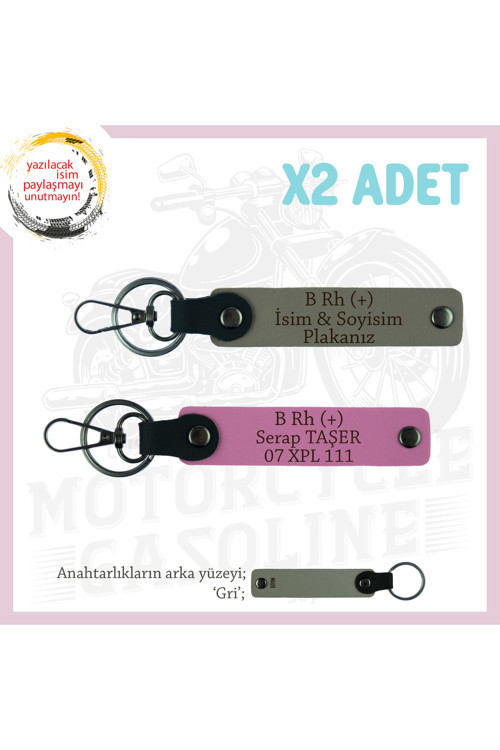 Custom Motorculara Özel, İsim Plaka Ve B Rh (+) Kan Grubu Yazılı X2 Anahtarlık Set, Kül Gri-Pembe-Gr