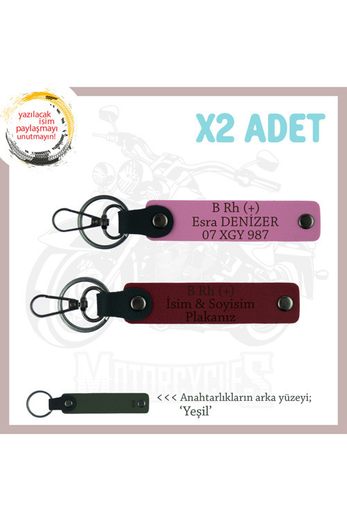Sevdiğine İsim Plaka Ve B Rh (+) Kan Grubu Yazılı Anlamlı Hediye Deri X2 Anahtarlık, Pembe-Bordo-Ysl