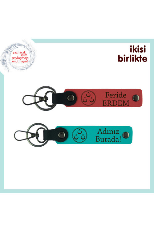 Öğretmene Milli Temalı Kalıcı Hediye – Üç Ayyıldız Desenli Kişisel Anahtarlık X2, Nar Çiçeği-Turkuaz