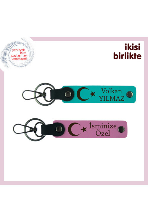 Kız Arkadaşa Milli Motifli Romantik Hediye – Ay Yıldızlı Anahtarlık Seti, Koyu Turkuaz-Pembe