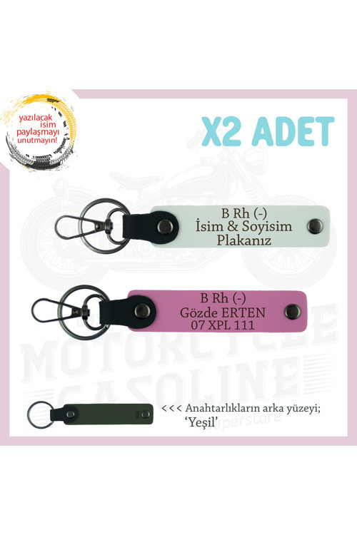 Yol Tutkunları İsim Plaka, B Rh (-) Kan Grubu Yazılı Kişiye Özel X2 Anahtarlık Seti, Beyaz-Pembe-Ysl