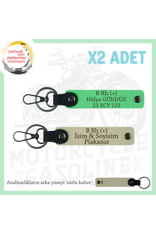 Motorcu Tarzı Plakalı & İsimli Deri X2' Li Anahtarlık, B Rh (+) Kan Grubu İle, S Kahve-F Yeşil-Sk